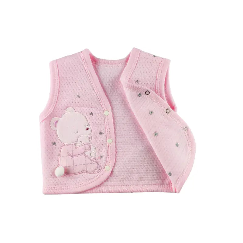 Ayı aplikeli pembe bebek yeleği.