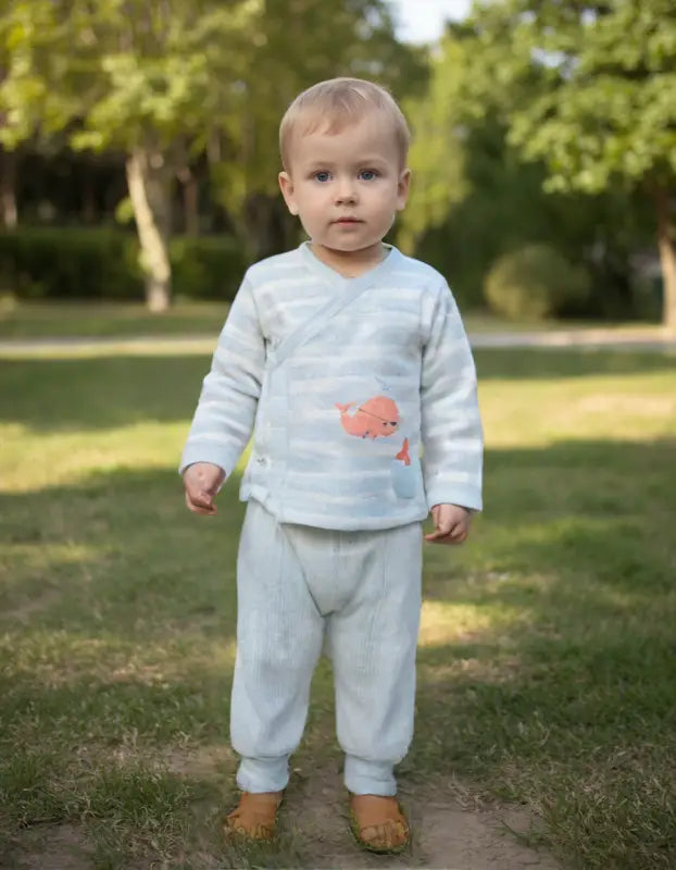 Çizgili pijamalı ayakta duran yürümeye başlayan çocuk.