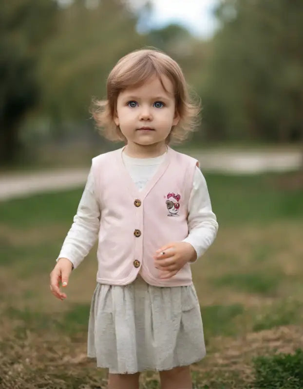 Kız çocuğu pembe yelek ve gri etek takımı.