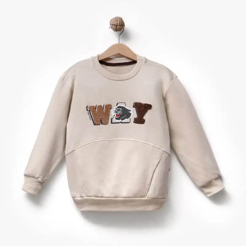 Erkek çocuk hayvan desenli bej sweatshirt.